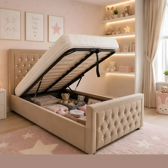 Button Tufted Hilton Gas Lift Storage Kids Bed by Royal Modish