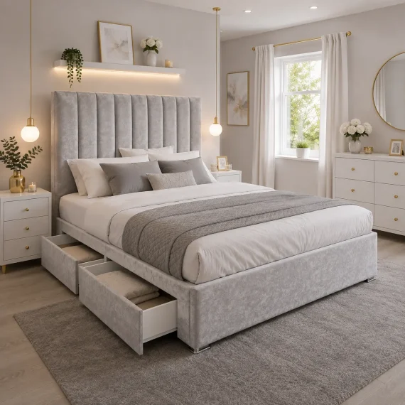 Panel Divan Bed with Straight Line Headboard & Mattress