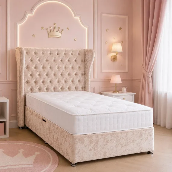 Divan Bed with Button Tufted Butterfly Winged Headboard
