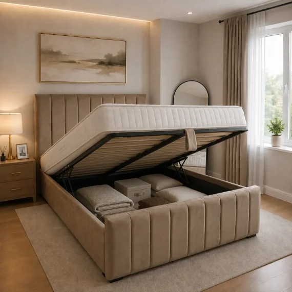 Panel Straight Lines Bed with Optional Mattress & Storage